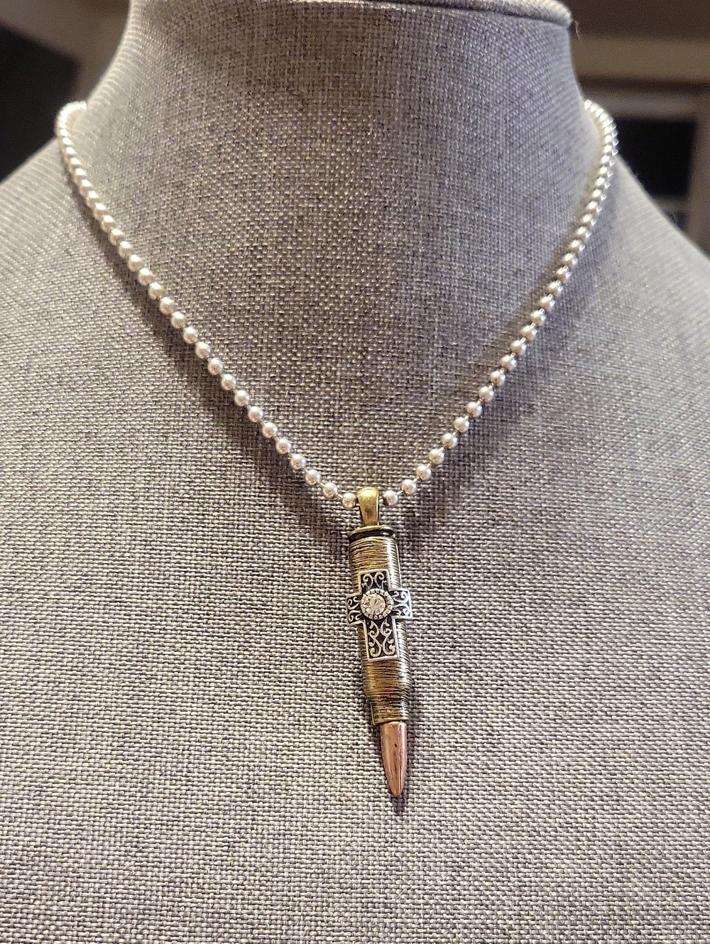 484- Silver Ball Chain Necklace with Brass Bullet Cross Pendant Tri-tone